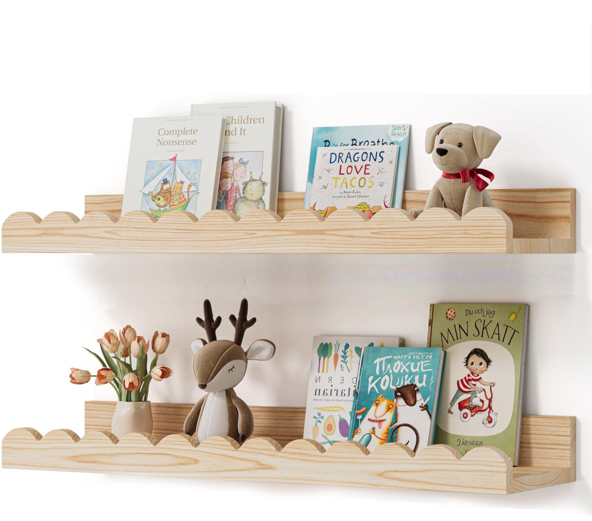 Zwevende planken 2 stuks - 58cm - Houten boekenplanken voor kinderkamer - Golvende rand wandplanken - Boekenplanken voor slaapkamer, babykamer en kinderkamer - hout