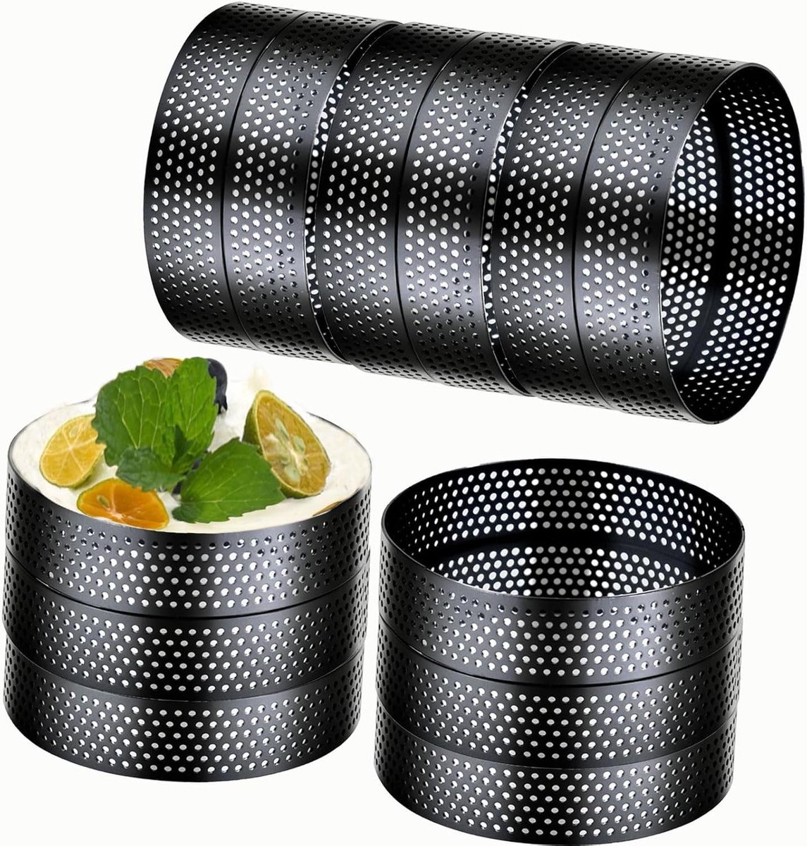 Taartringen Set - Mousse Ringen - Gebak Bakken - Geperforeerd Ontwerp - 12 Stuks 8cm - Zilver