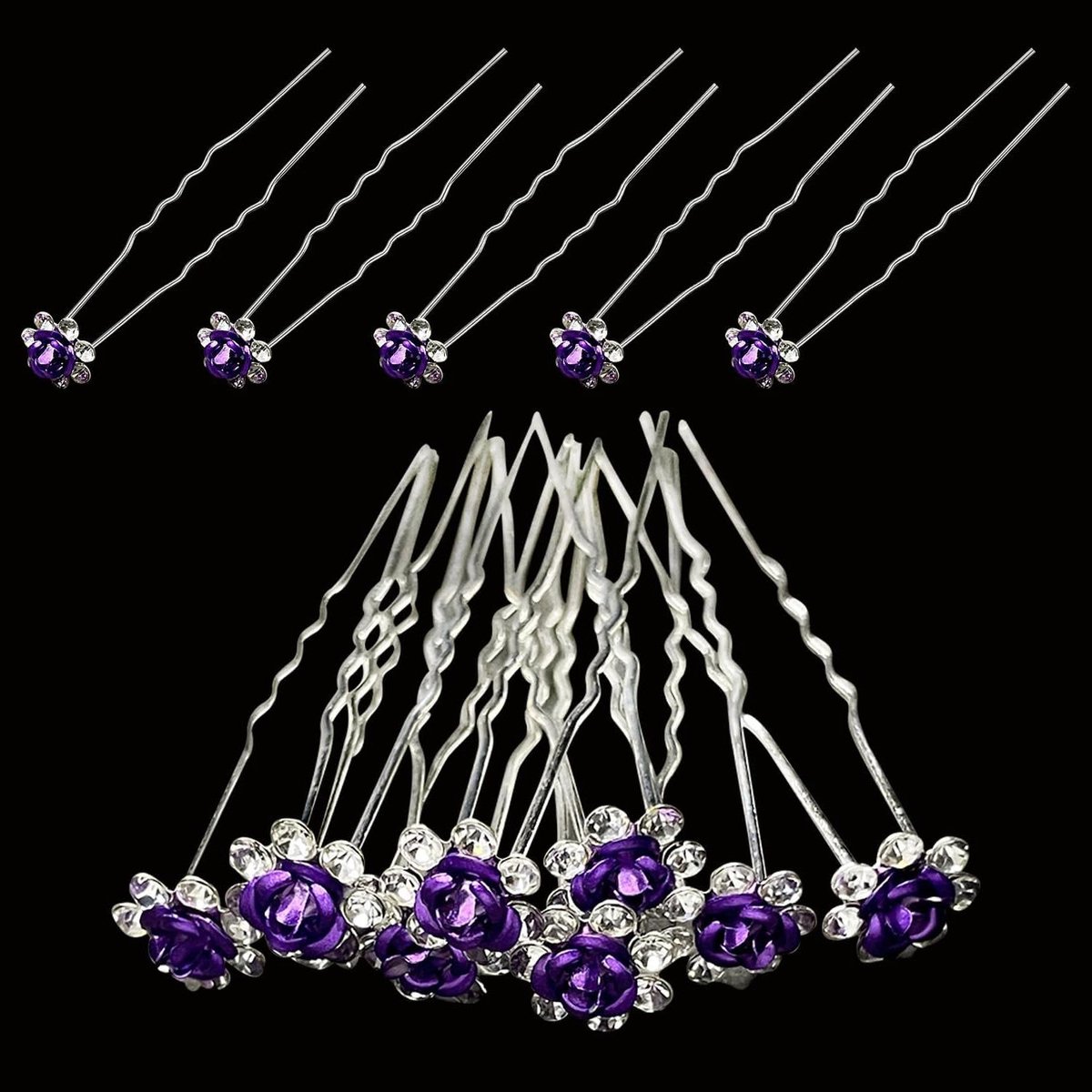 Bruiloft Haarspelden - Bloem Haarclips - Bruidsstyling - Kristal Roos Ontwerp - 70mm - Paars