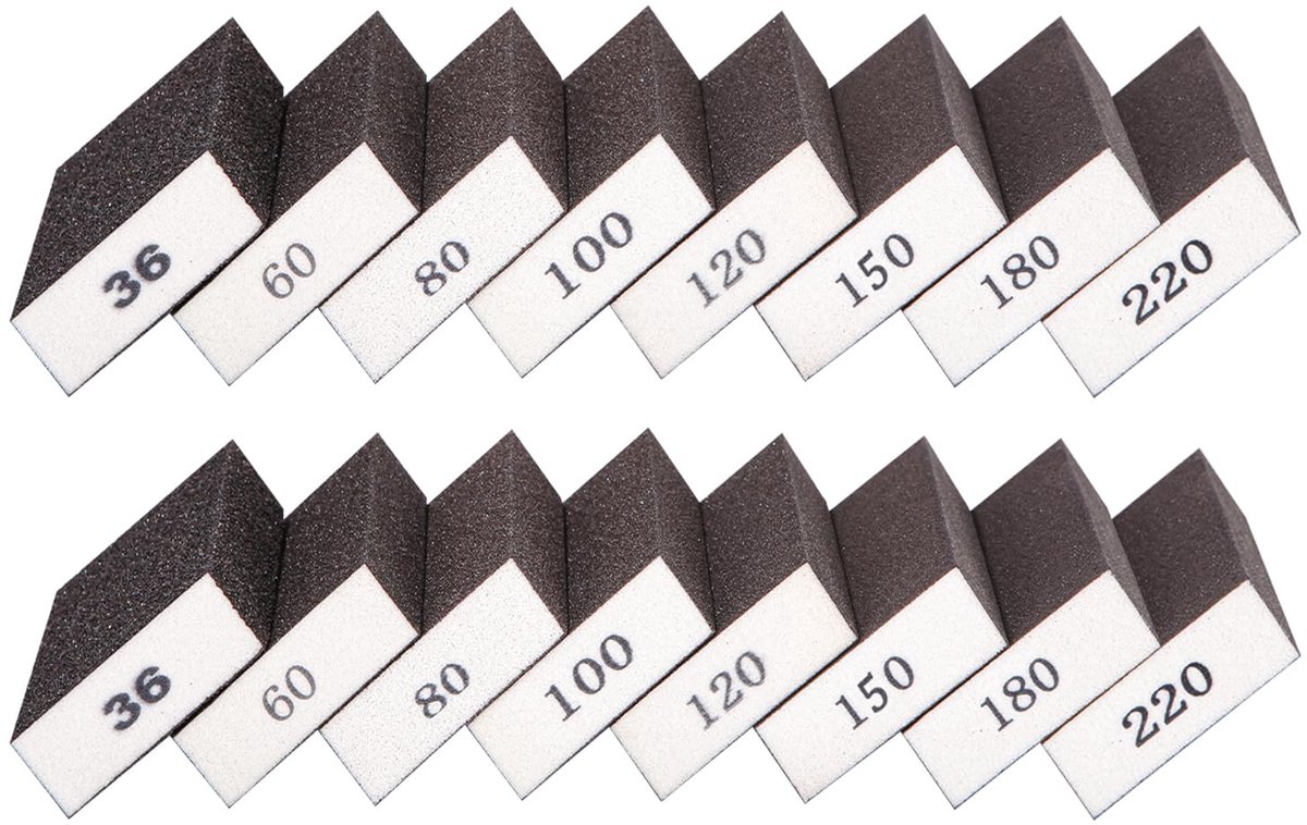carmdering - Schuurpads - 16 stuks met 36/60/80/100/120/150/180/220 korrel - voor hout, metaal - herbruikbaar en wasbaar - handmatige schuurpads