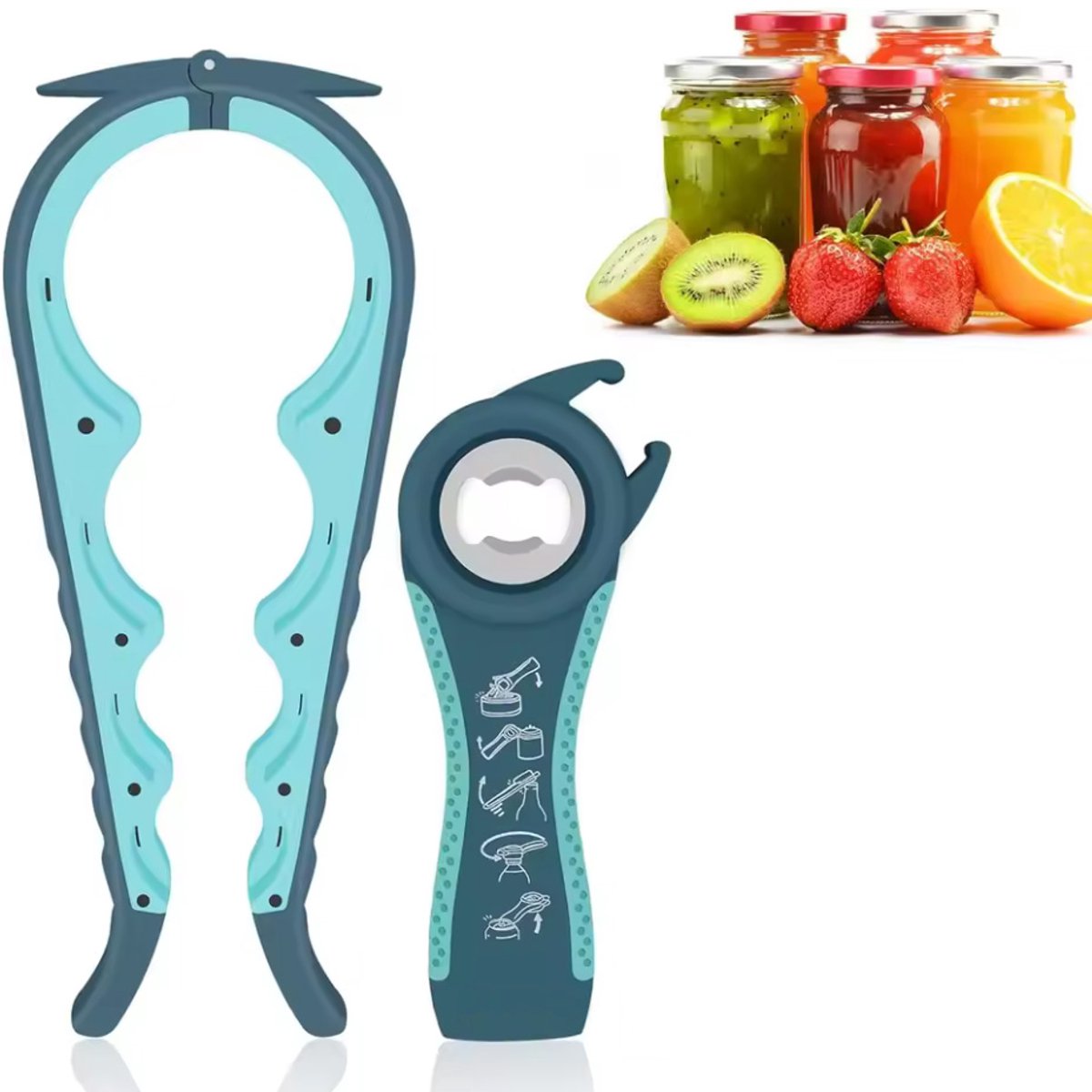 Multifunctionele openers - Set van 2 openers - Multifunctionele 10-in-1 - Potopener - Keuken Hulp - Fles- Bieropener - XL Dekselopener - Pottenopener - Hulpmiddelen Ouderen - Blauw - 22 CM - CHPN