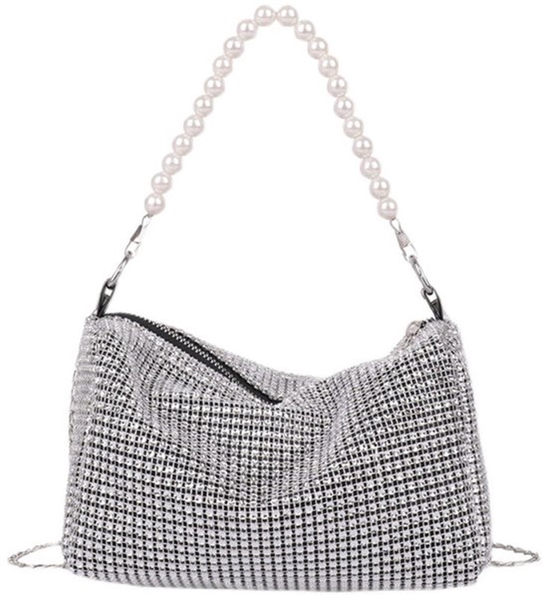 Dames Zilveren Glitter Clutch Met Parelketting – PU Leren Crossbody Avondtas – Feestelijke Handtas Met Afneembare Ketting Voor Party & Gala