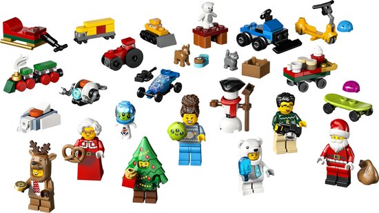 Een verzameling LEGO figuren en voertuigen met kerstthema, waaronder de Kerstman, rendier, kerstboom en sneeuwpop.