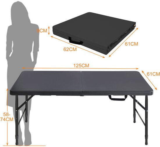 Campingtafel - Klaptafel - tafel - Opklapbare tafel voor buiten - Draagbare klaptafel - Verstelbare hoogte - Draagvermogen 135 kg - 125*61*74 cm - Geschikt voor kamperen, picknicks, binnen- en buitengebruik - Zwart van Merkloos — afbeelding 2