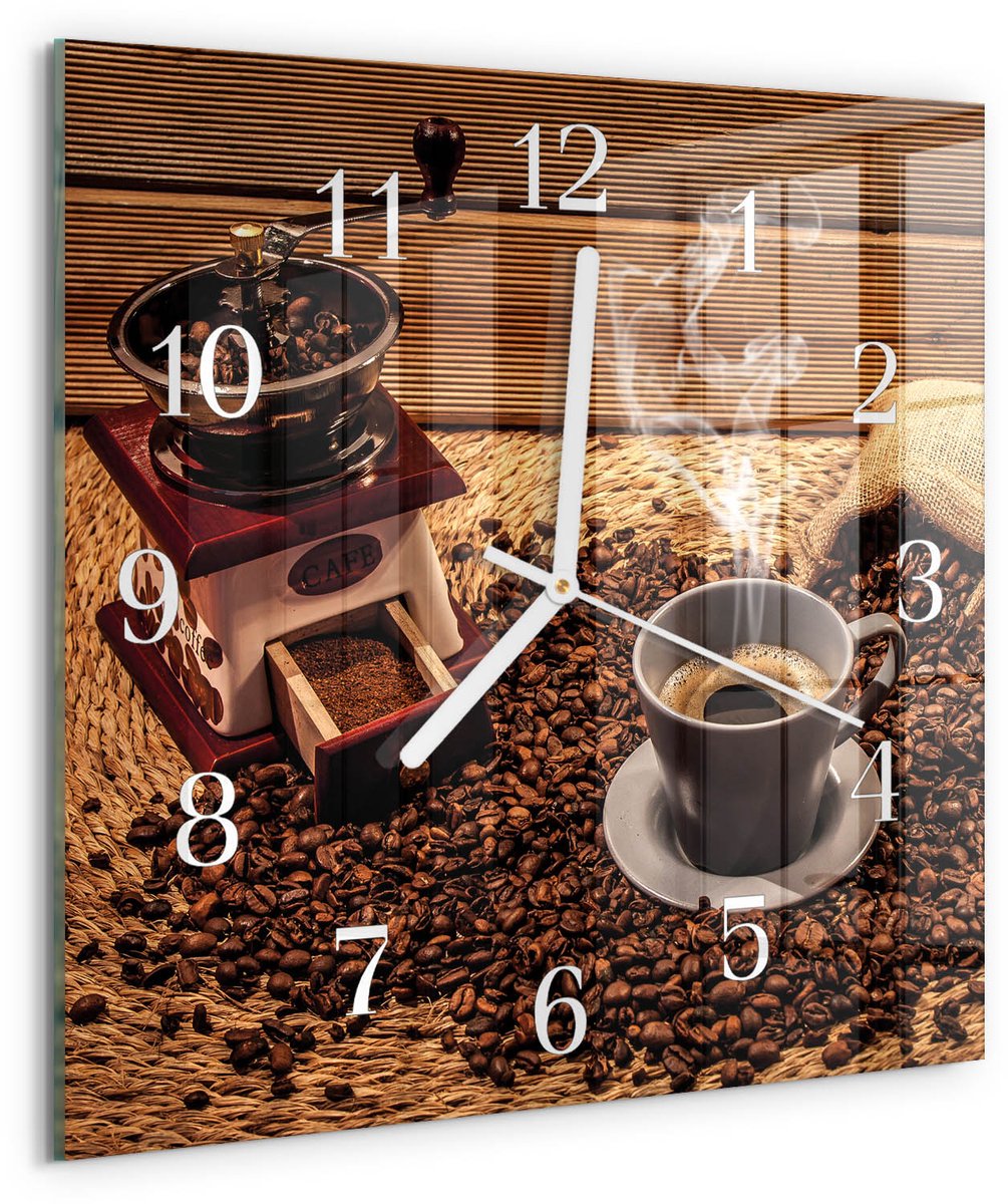 Tulup Wandklok - Koffiebonen Wandklok Glas Met Motief - 30x30 cm - Bruin Decoratieve Glazen Klok - Witte Handen - Vierkante Wandklok - Wandklok Glas Decoratie - Gekleurde Glazen Klok