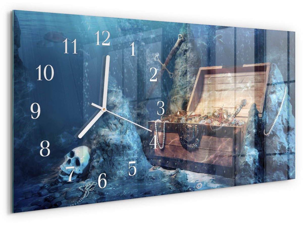 TULUP Wandklok - Onderwaterschat Wandklok Glas Met Motief - 60x30 cm - Blauw Decoratieve Glazen Klok - Witte Handen - Rechthoekige Wandklok - Gekleurde Glazen Klok - Glazen Klok Met Print Blauw - Onderwaterschat