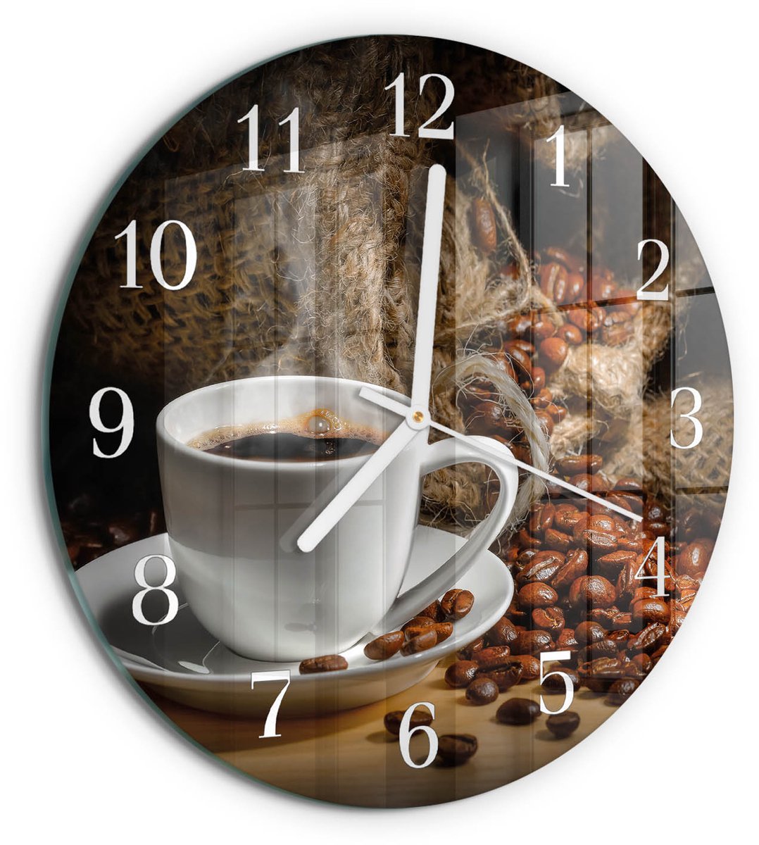 TULUP Wandklok - Koffie Glazen Wandklok Design - 30fi cm - Bruin Klok Glas Met Opdruk - Witte Handen - Ronde Wandklok - Klok Glas Met Opdruk - Moderne Wandklok Glas Bruin - Koffie