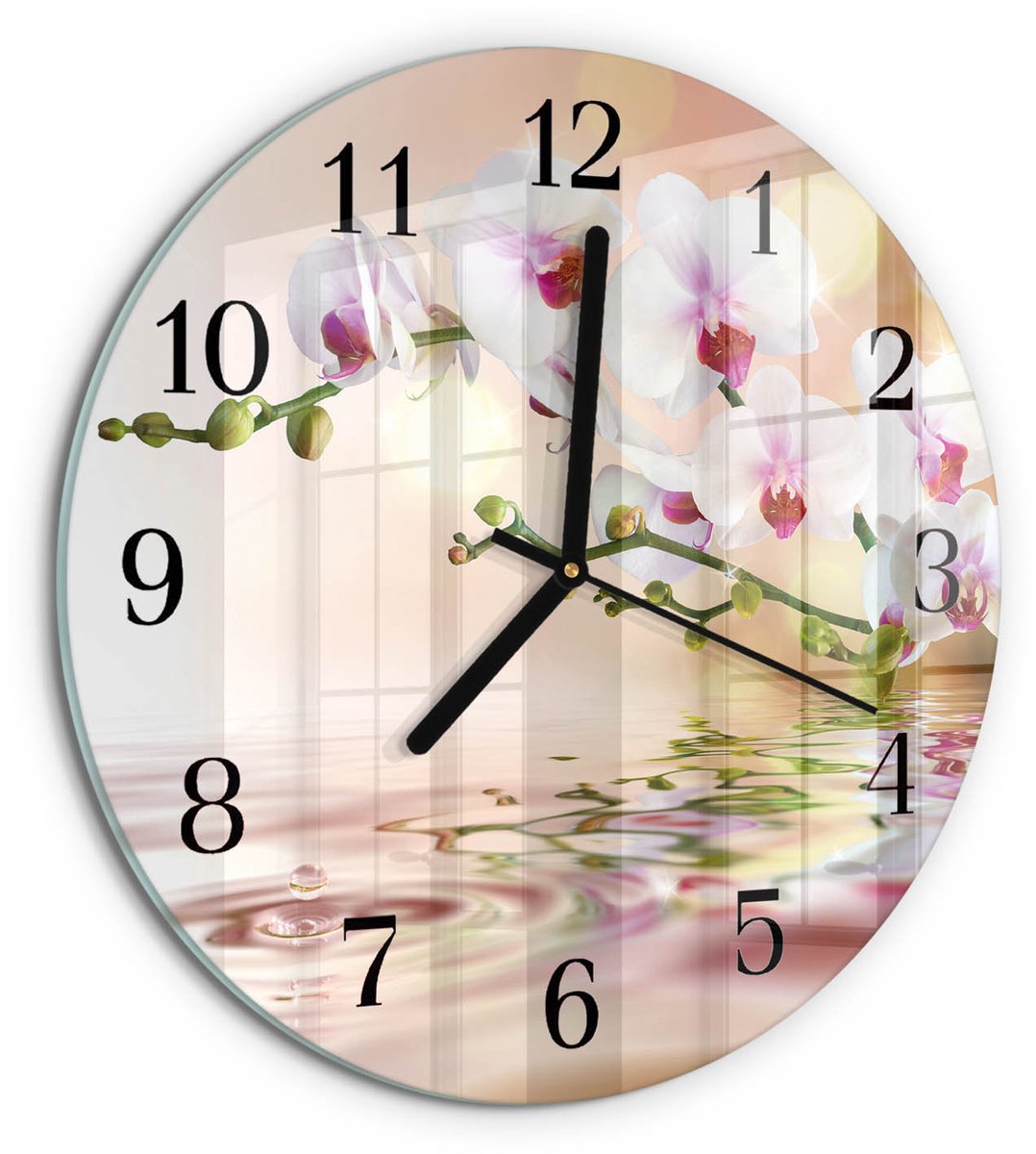 TULUP Wandklok - Orchidee Decoratieve Glazen Klok - 30fi cm - Veelkleurig Glazen Wandklok Design - Zwarte Handen - Ronde Wandklok - Wandklok Glas Decoratie - Gekleurde Glazen Klok Veelkleurig - Orchidee