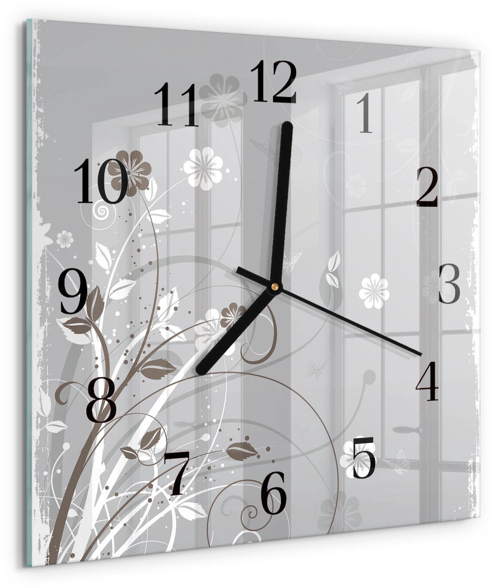 TULUP Wandklok - Bloemen Moderne Wandklok Glas - 30x30 cm - Grijs Wandklok Glas Decoratie - Zwarte Handen - Vierkante Wandklok - Glazen Wandklok Design - Klok Glas Met Opdruk Grijs - Bloemen