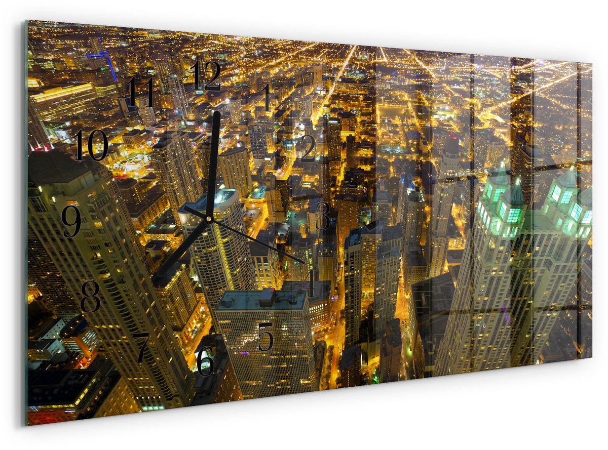 TULUP Wandklok - Stad 's nachts Glazen Wandklok Design - 60x30 cm - Geel Klok Glas Met Opdruk - Zwarte Handen - Rechthoekige Wandklok - Glazen Wandklok Design - Klok Glas Met Opdruk Geel - Stad 's nachts