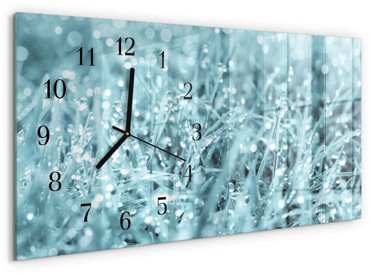 TULUP Wandklok - Koude dauw Decoratieve Glazen Klok - 60x30 cm - Turkoois Glazen Wandklok Design - Zwarte Handen - Rechthoekige Wandklok - Decoratieve Glazen Klok - Glazen Wandklok Design Turkoois - Koude dauw