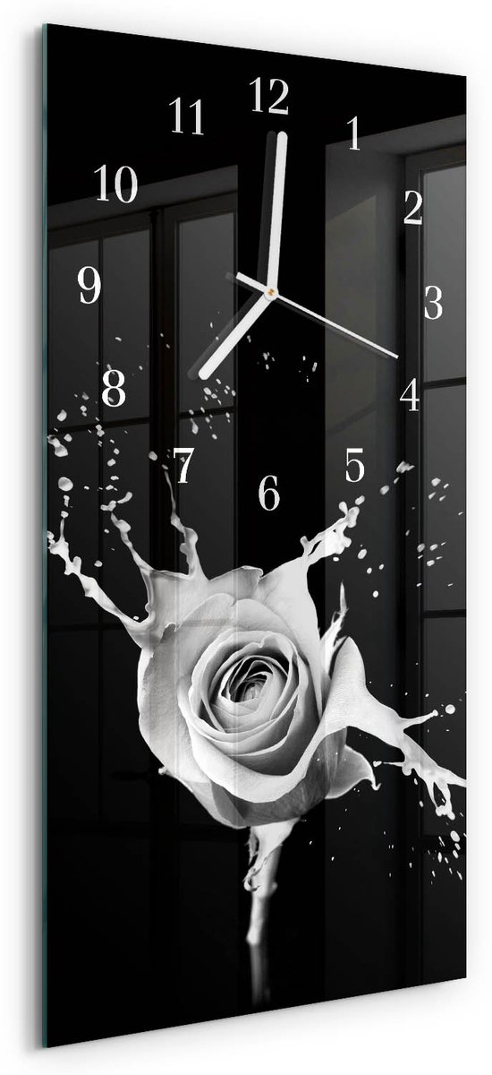 TULUP Wandklok - Roos Decoratieve Glazen Klok - 30x60 cm - Zwart Glazen Wandklok Design - Witte Handen - Rechthoekige Wandklok - Wandklok Glas Met Motief - Decoratieve Glazen Klok Zwart - Roos