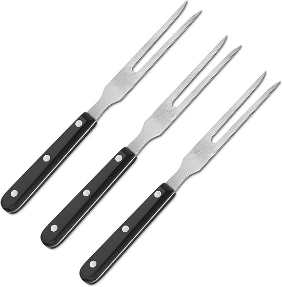 Trois fourchettes à viande en acier inoxydable avec des poignées noires, placées sur un fond blanc.