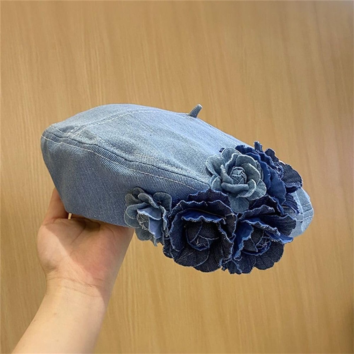 JeiibrZui Baskenmuts Met Bloemenmotief - Denim Blauw - Katoen - Unisex Kunstenaarshoed - Camelia Design - Één Maat