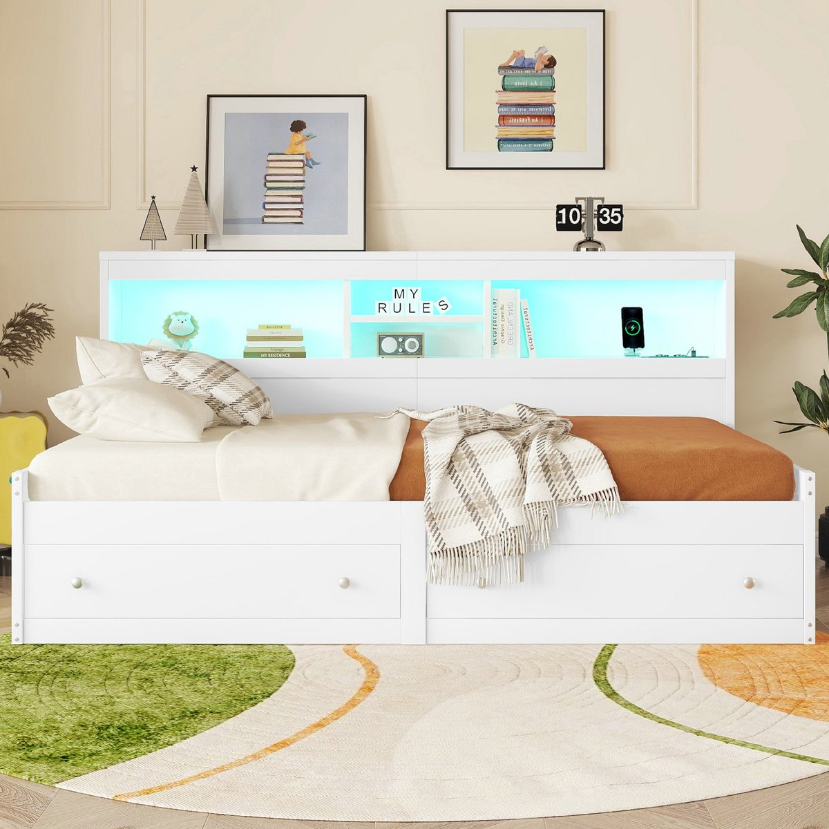 VVBV Slaapbank 90x200 cm met LED-Verlichting, USB - Lattenbodem, 2 Lades, Lades - Spaanplaat Wit - Zonder Matras