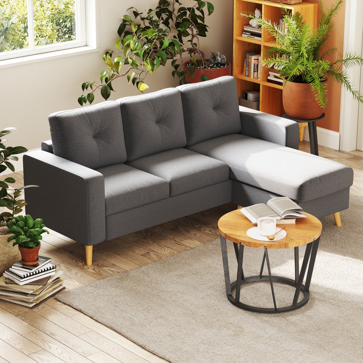 REDOM - Hoekbank - 3-Zits Met Omkeerbare Chaise Longue - Modern - Voor Woonkamer - Stof Met Linnenlook - Grijs - 193 X 136 X 85 Cm