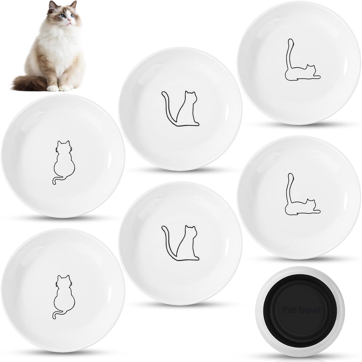 JeiibrZui Keramische Kattenbakken Set - 15x3.0cm - 6 Stuks - Met Antislip Siliconen Bodem - Voor Nat En Droog Voer