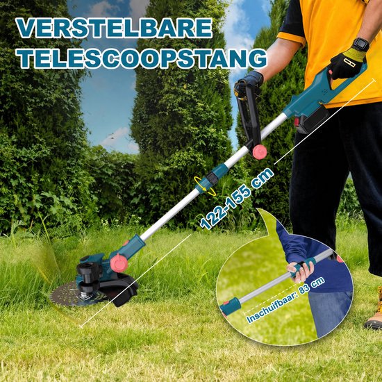 Man met grastrimmer met uitschuifbare steel (122-155 cm) in een tuin. Inzet: hand met steel, ingeschoven (83 cm).