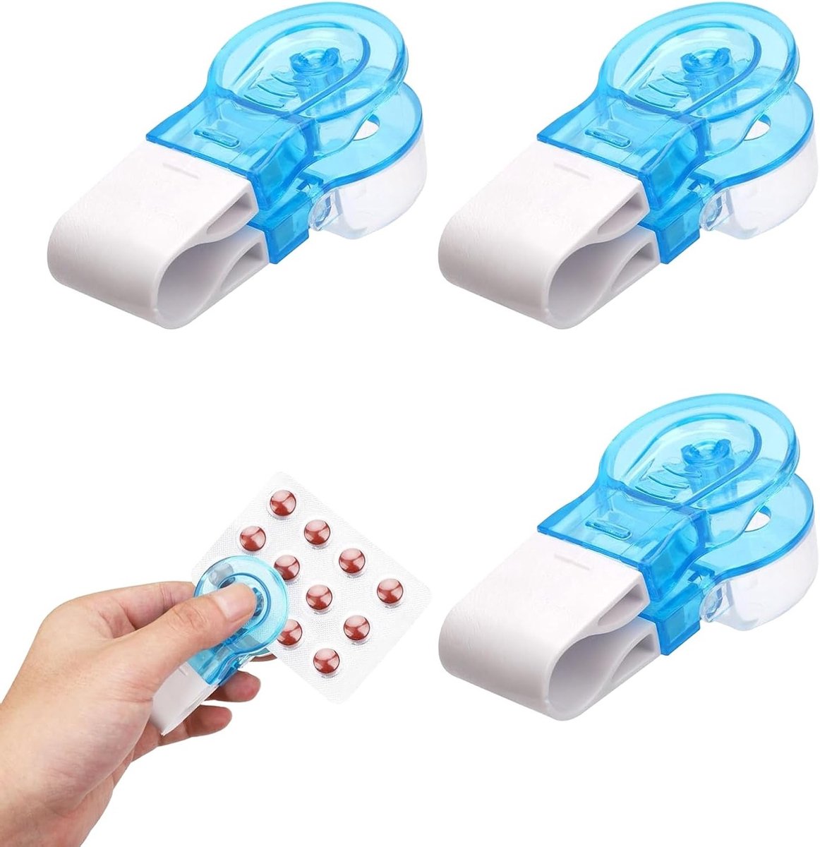 3 Stuks Draagbare Pillenverdeler, Contactloze Pillenopener, Handige Tablet Dispenser voor Blisterverpakking en Doseringshulpmiddelen