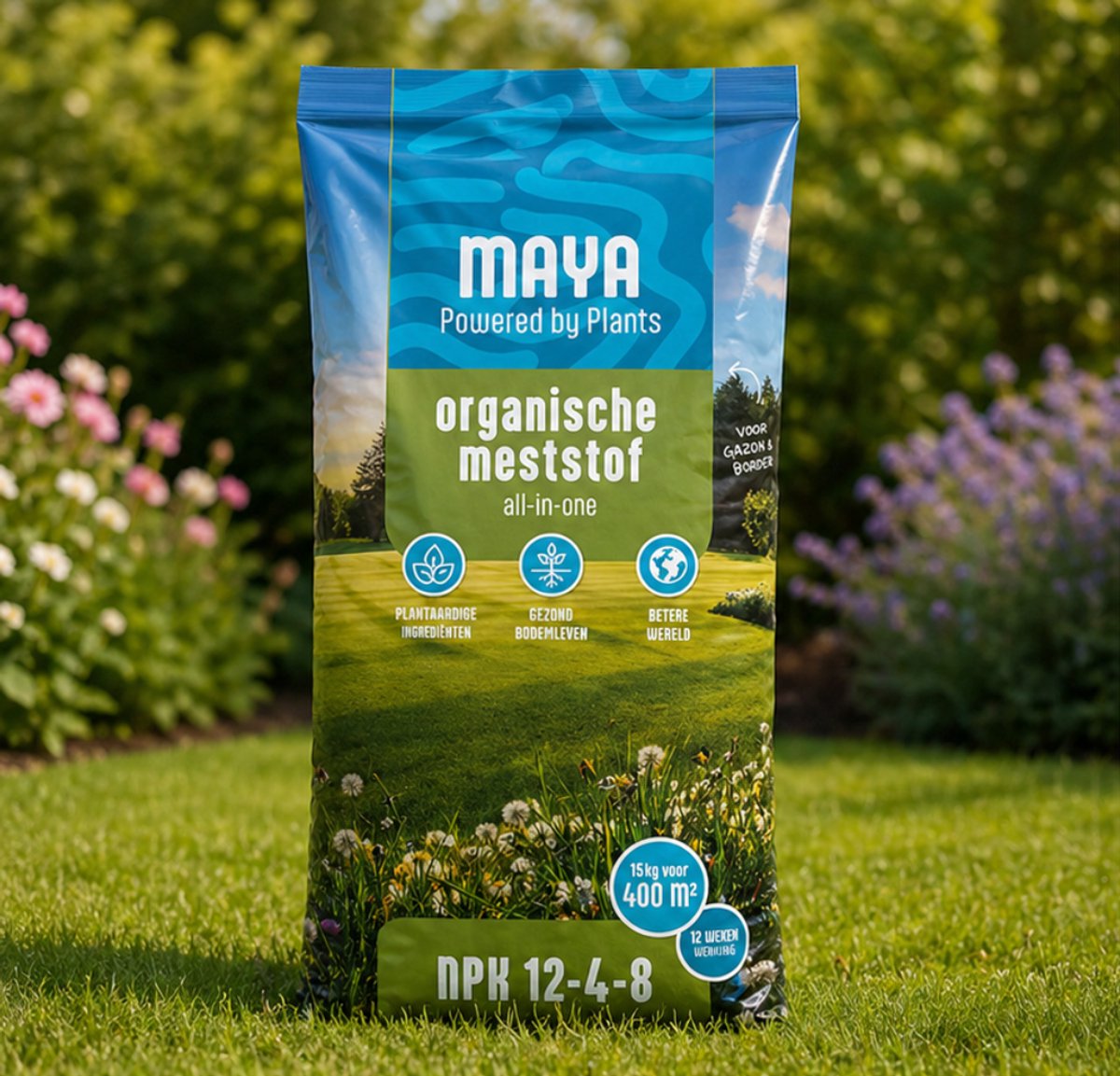 Maya Organische Meststof - Natuurlijke Tuinmest - Voor Gazon en Border - Plantaardig - Bemesting - 15 Kg - 400 M² - 84 Dagen Voeding - All In One