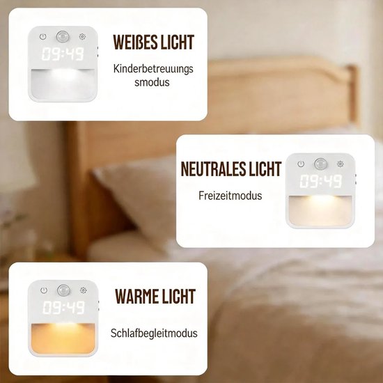 LED-nachtlampje, met stekker, bewegingssensor en klok, 3 kleurtemperaturen, dimbaar, geschikt voor trappen, slaapkamers en gangen. van Merkloos — afbeelding 3