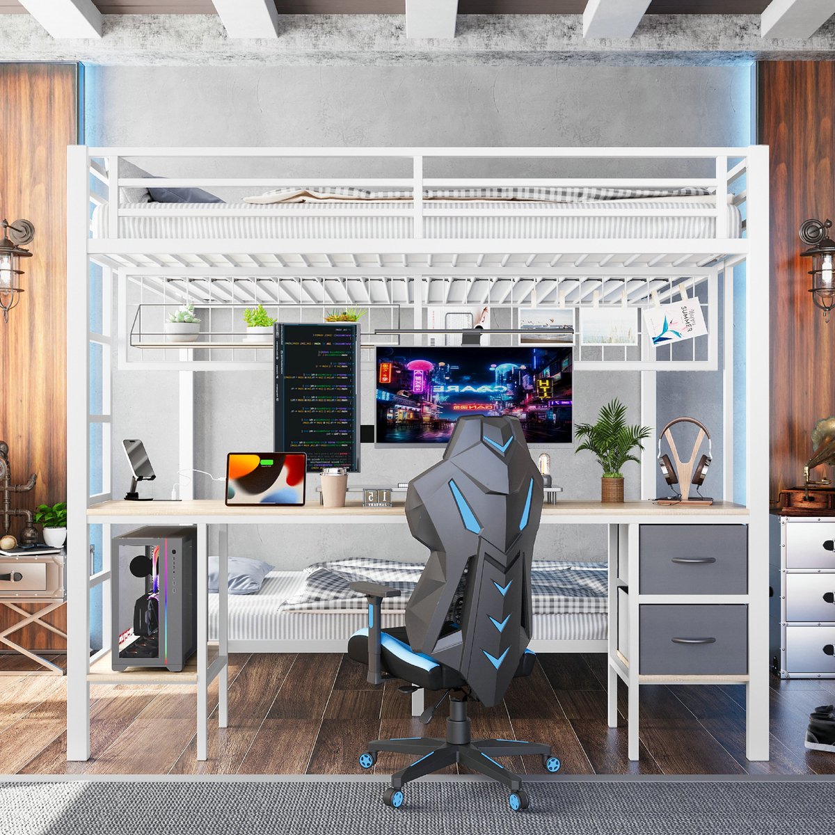 VVBV Hoogslaper 90x200 met bureau / Hoogslaper met bureau – met Opbergrekken, Opbergruimte, LED-Verlichting, USB – Metaal – Wit – Zonder Matras