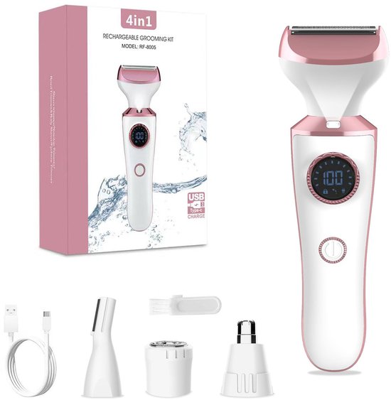 4-in-1 Ladyshave - Oplaadbare Trimmer voor Vrouwen - Waterdichte Bikinitrimmer IPX6 - Scheerapparaat Vrouw met 4 Opzetstukken - Neus Wenkbrauw en Lichaamstrimmer – Roze