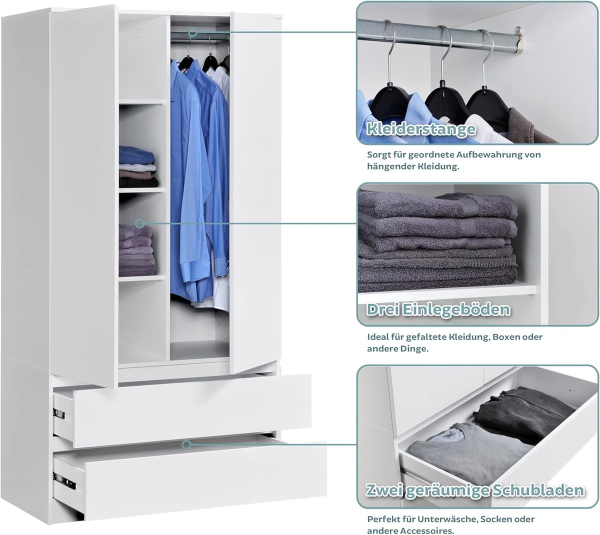 LuxeLine Witte Kledingkast met Lades en Spiegeloptie 90x51x182 cm – 2-Deurs Kast met Legplanken en Kledingstang voor Slaapkamer en Hal – Nicolehome