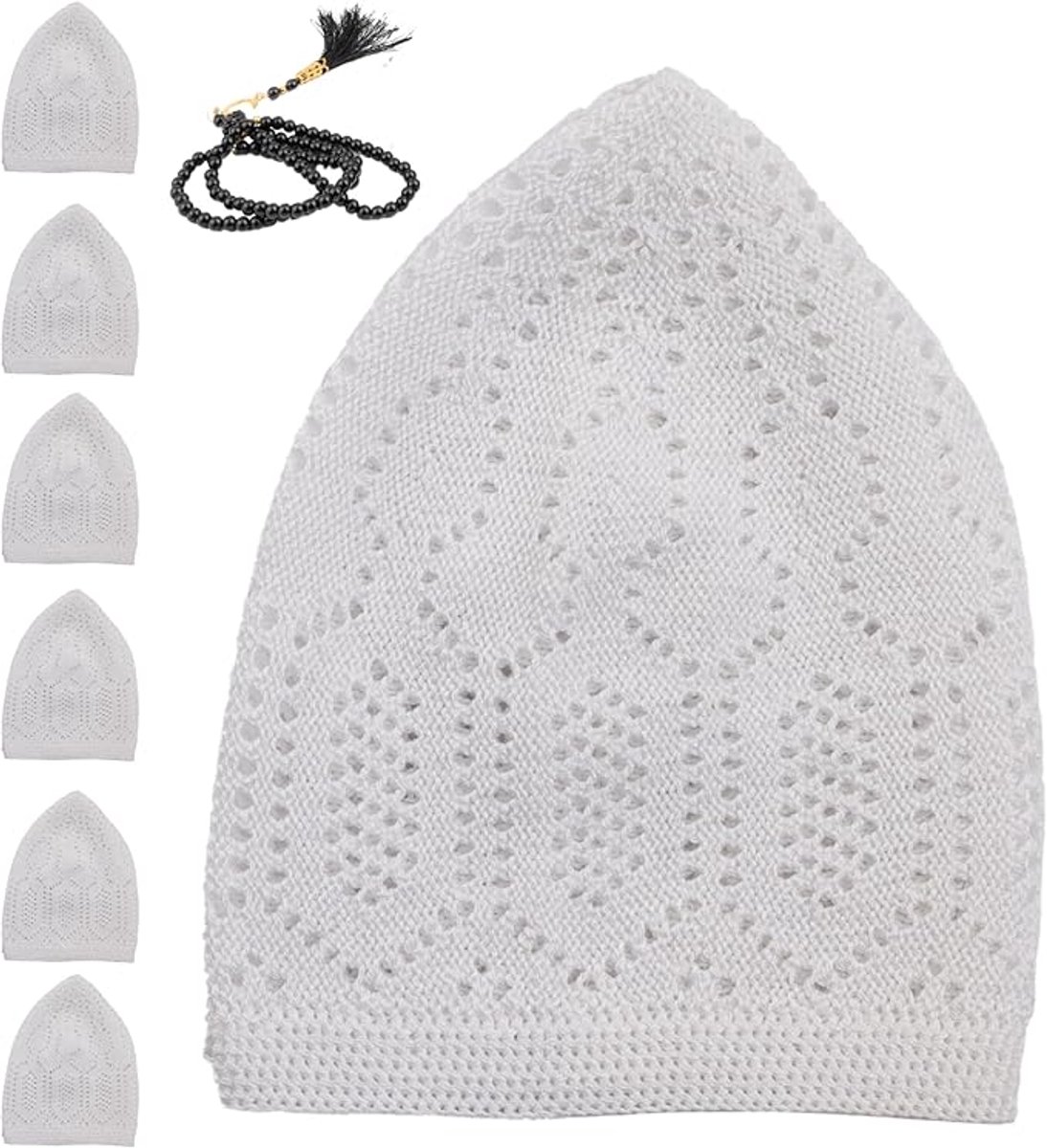 FIRASET Islamitische Gebedsmutsen- Islamitische Kufi Muts voor Heren – Fluwelen Gehaakte Gebedsmuts – Rekbaar & Ademend – Standaardmaat – Set van 6 Witte Kufi Hoeden