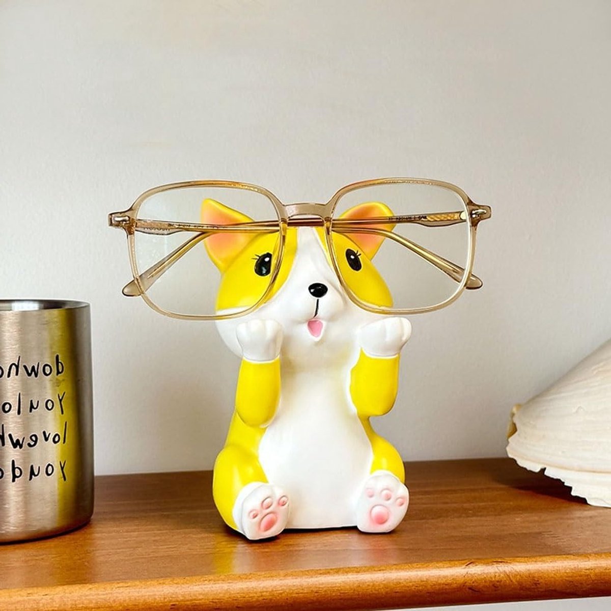 Cartoon Corgi Hond Sculptuur voor Lenzenvloeistof, Brilhouder en Display Stand voor Brillen