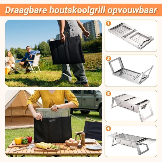 Draagbare Houtskoolgrill - Met 4 Hoogtestanden - Compacte Tafelbarbecue Opvouwbaar - Mini BBQ voor Camping, Picknick & Tuin - Verstelbaar Grillrooster - Zwart — afbeelding 5