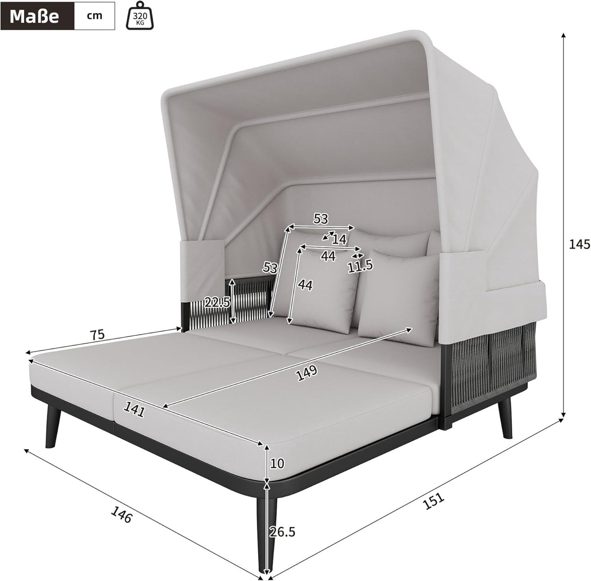 Zonneligstoel 2 Personen met Verstelbaar Opvouwbaar Dak – ABTkantoor Deluxe Canopy Lounge Ligbed – 10 cm Dik Kussen & Weerbestendig Outdoor Zonnebed – Luxe Tuinmeubel voor Terras, Balkon en Tuin – Grijs F