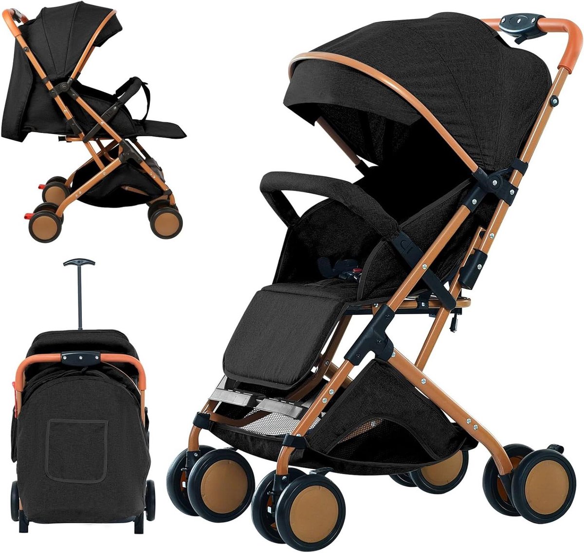 Kinderwagen - Babybuggy Reiswandelwagen - Veilig op Reis - Explosiebestendige Banden - 0-36 kg - Zwart