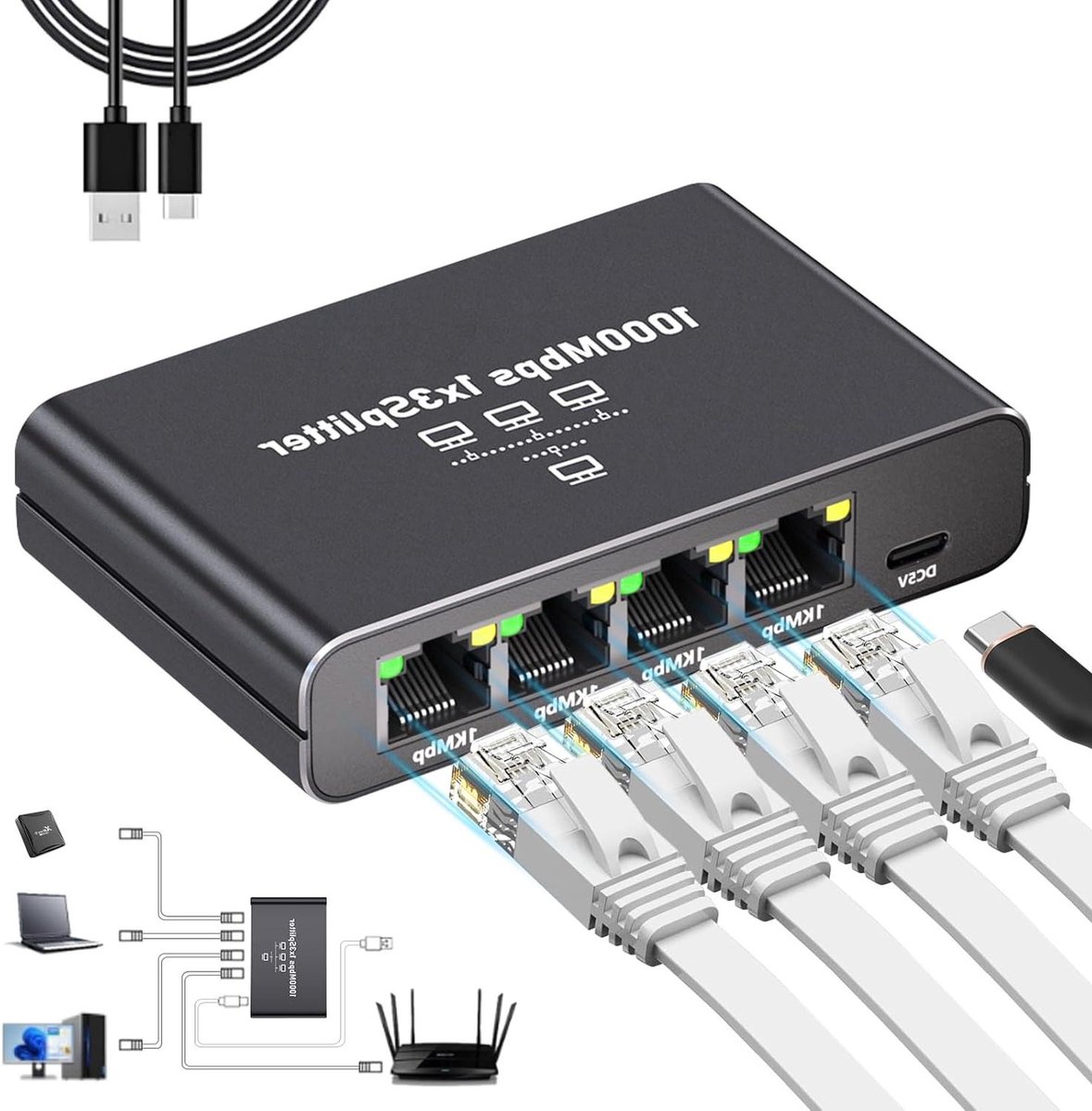 Gigabit Ethernet Splitter - Netwerk Switch - Netwerk Uitbreiden - 1 tot 3 Poorten