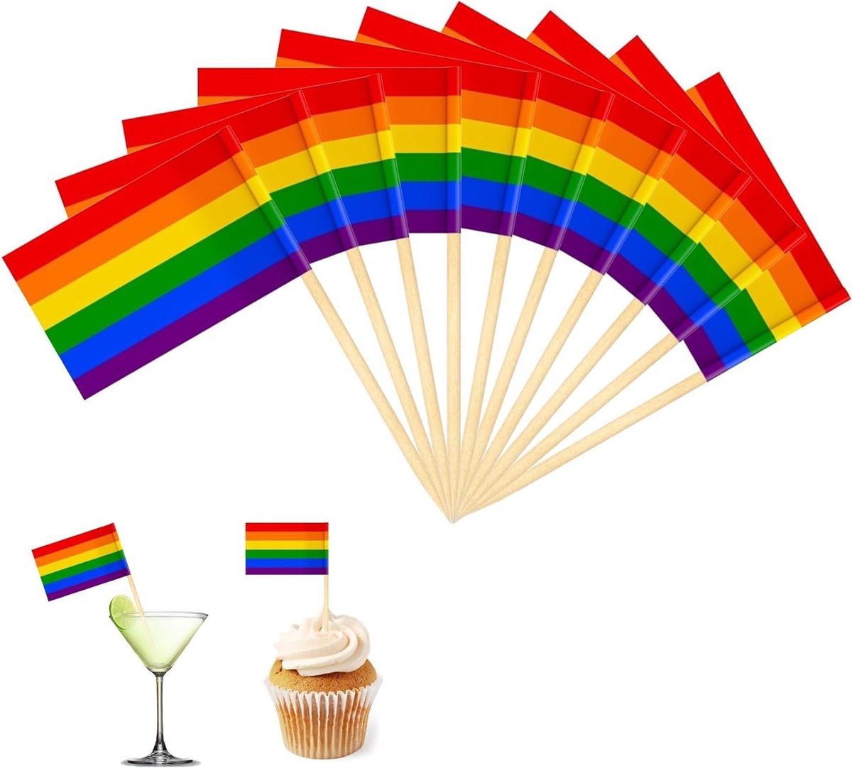 Tandenstokers Vlaggen - Cocktailprikkers Decoratie - Feestelijke Decoratie - Regenboog Ontwerp - 100 stuks - Meerkleurig