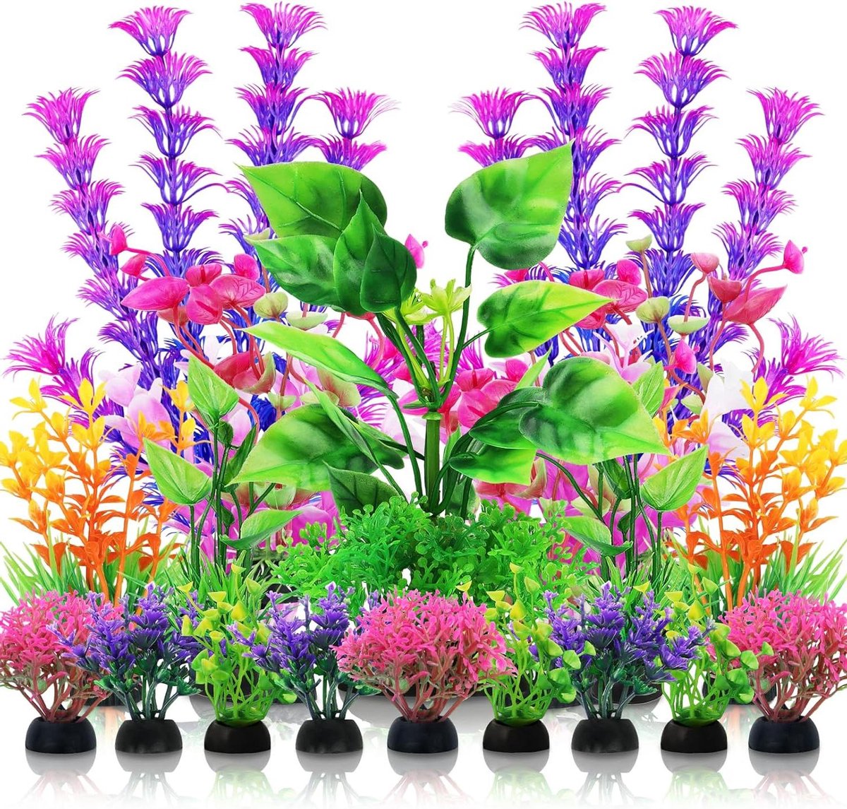 Aquariumplanten Set - Decoratieplanten Plastic - Aquarium Versieren - Met Stevige Sokkel - 20 Stuks - Meerdere Kleuren