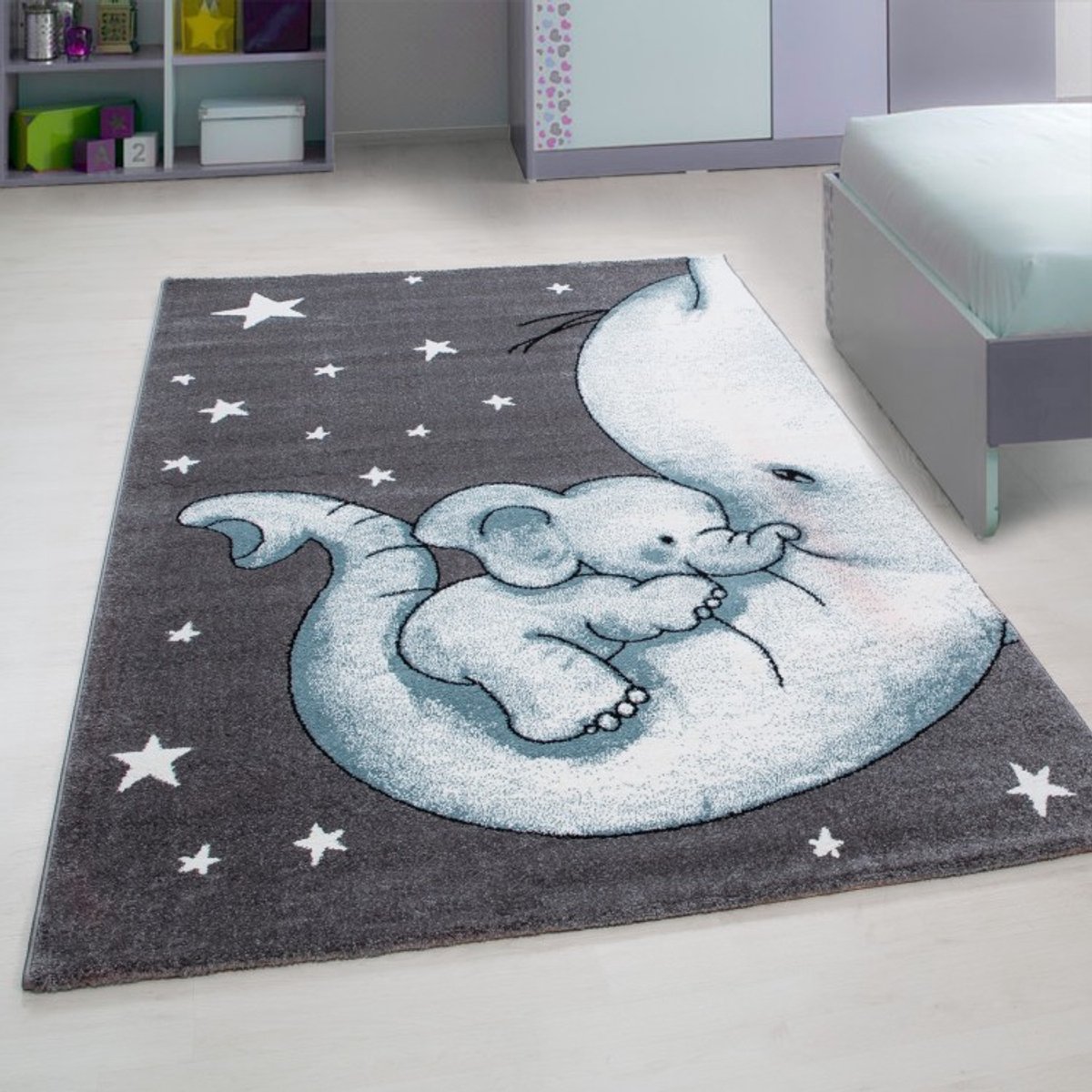 TapisTrend Kinderkleed Blauw 80x150 cm met olifantenpatroon, gemaakt van jute, voor de slaapkamer, plat geweven, wasbaar