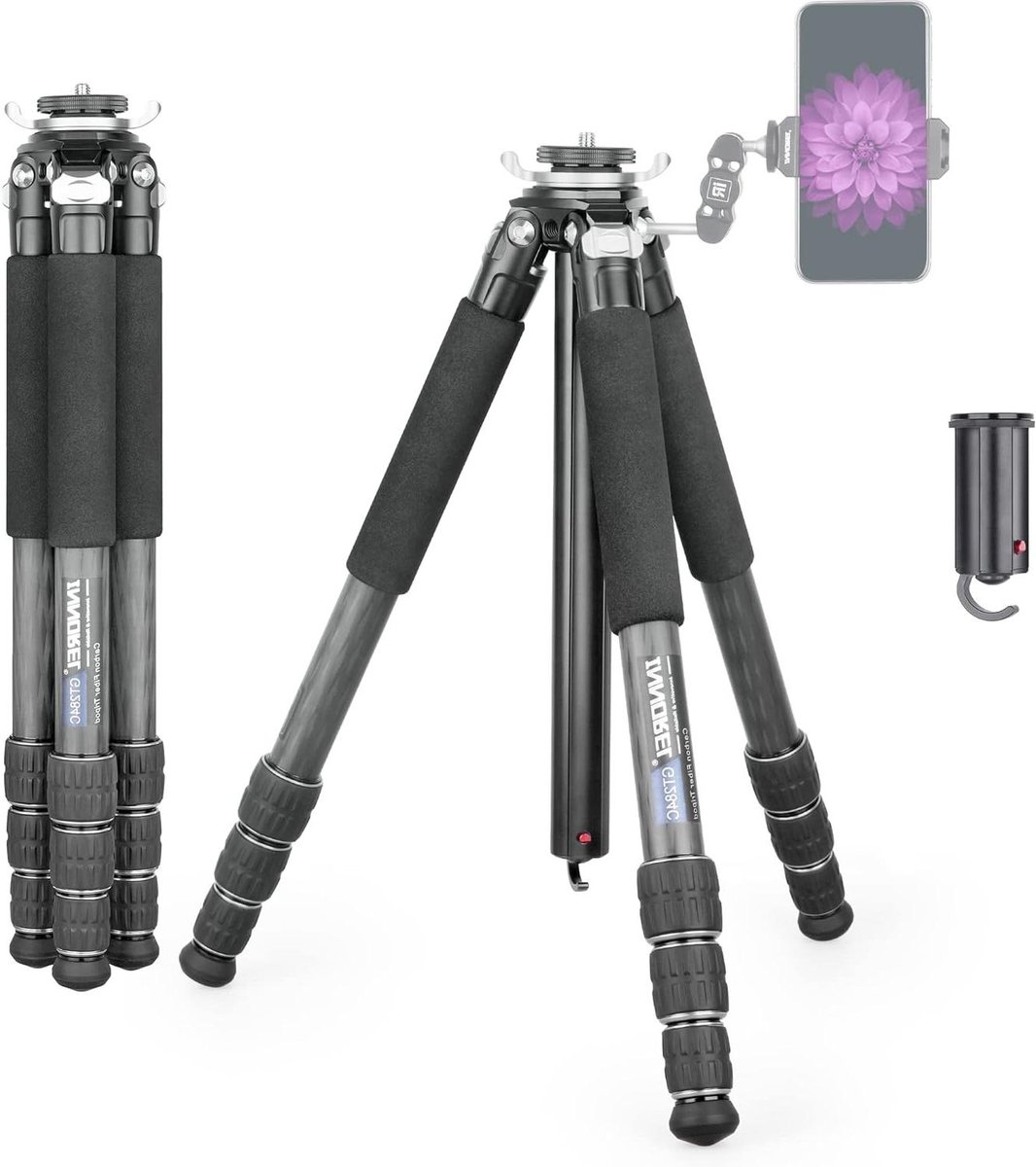 Koolstofvezel Statief - Camera Statief - Reizen Fotografie - Speciaal Vormige Middenkolom - 159 cm Max Hoogte - Zwart