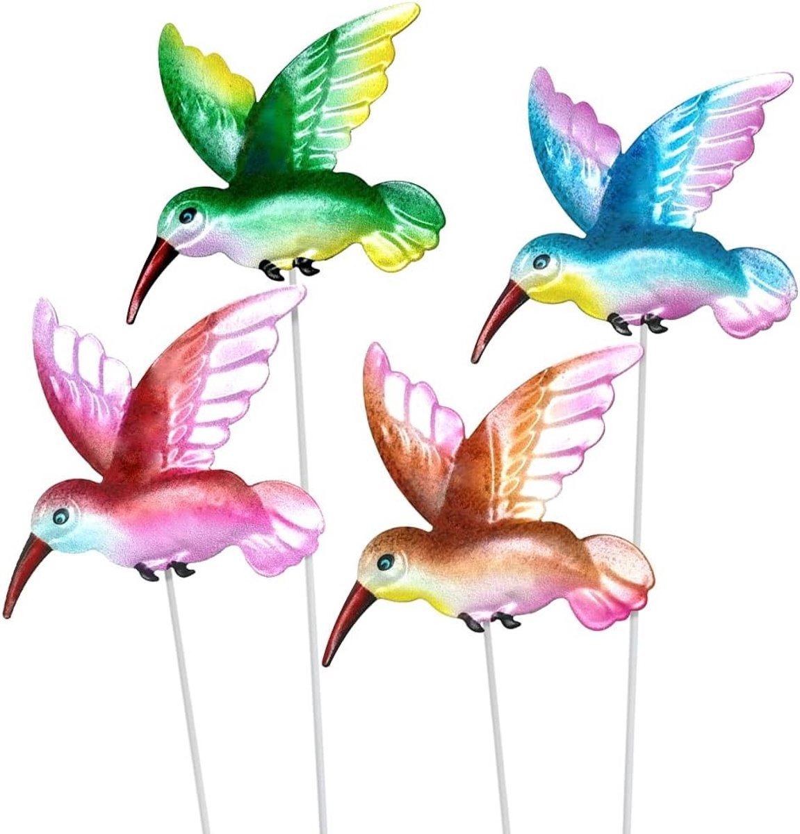 Set van 4 metalen tuinpalen voor kolibries, 14 inch lang, decoratieve tuinaccessoires voor buiten, perfect voor plantenbedden en paden
