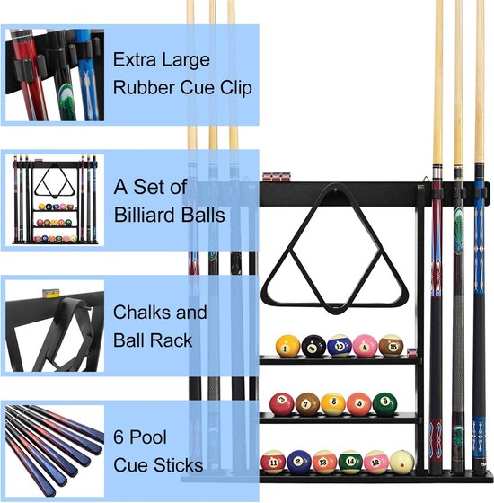 Biljart Keu Rek - Keuhouder Wandmontage - Biljart Accessoires Organiseren - Ruimte voor 6 Keus - 27.16"x28.25"x2.75" - Zwart — afbeelding 5