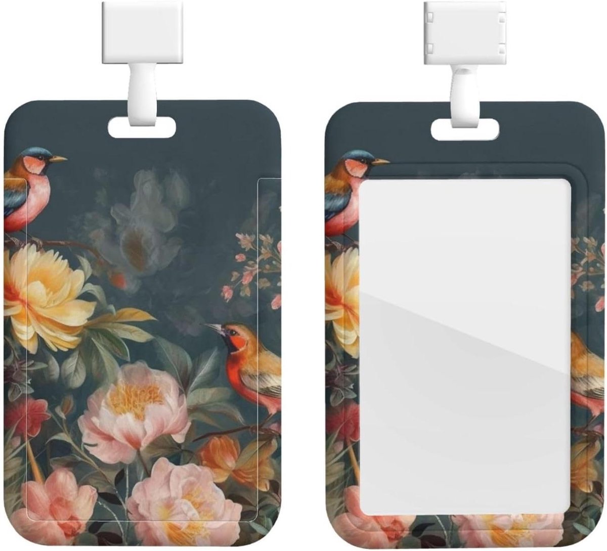 Badgehouder met Lanyard - Kaarthouder ID - Werkkaart Beschermen - Schuifontwerp - 11 x 7 cm - Bloemen Vogels