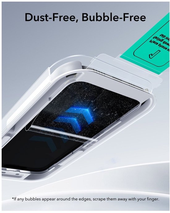Installatie van screenprotector, stofvrij en bubbelvrij. Pijl geeft aan hoe de sticker te verwijderen.