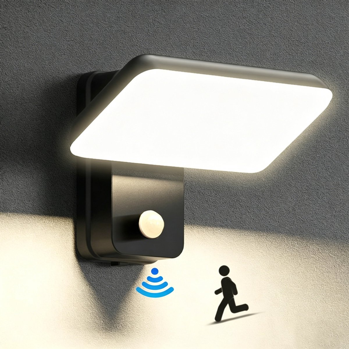 Wandlamp voor buiten met bewegingssensor, IP65 waterdichte zwarte lamp, met draaibaar LED-paneel, 3000K warmwit, moderne decoratieve wandlamp voor binnen en buiten garage, terras, veranda, tuin (Vereist aansluiting op een stroombron)