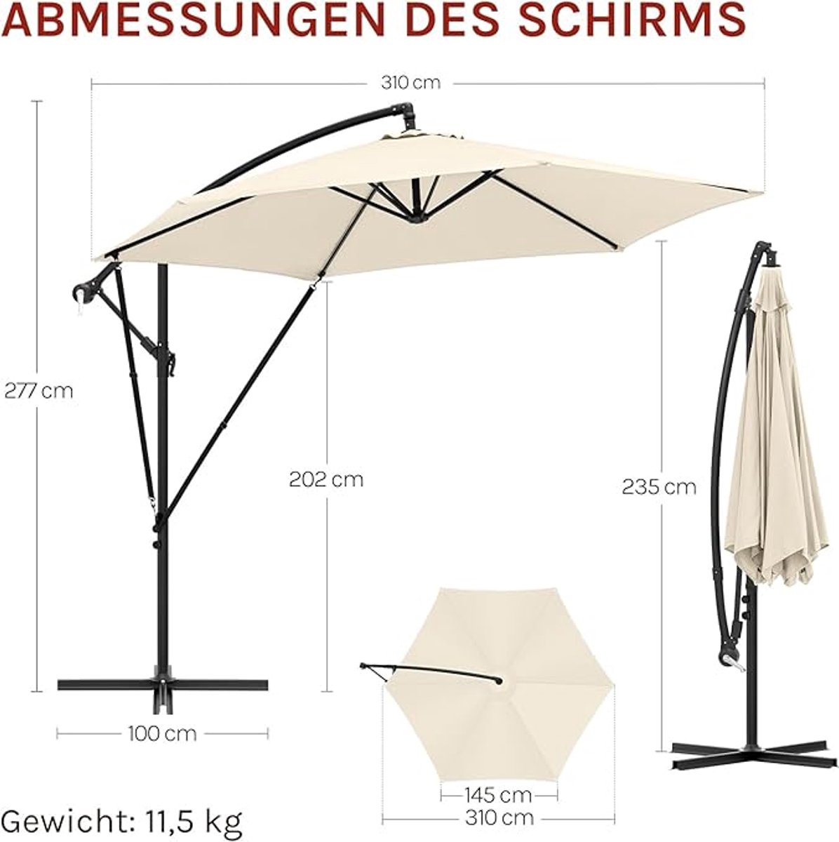 Zweefparasol Ø310 cm Rond – Kantelbaar & Draaibaar, UV-Bescherming, Waterafstotend, Met Zwenkel & Beschermhoes – Vrijhangende Tuinparasol voor Balkon & Strand – Nicolehome