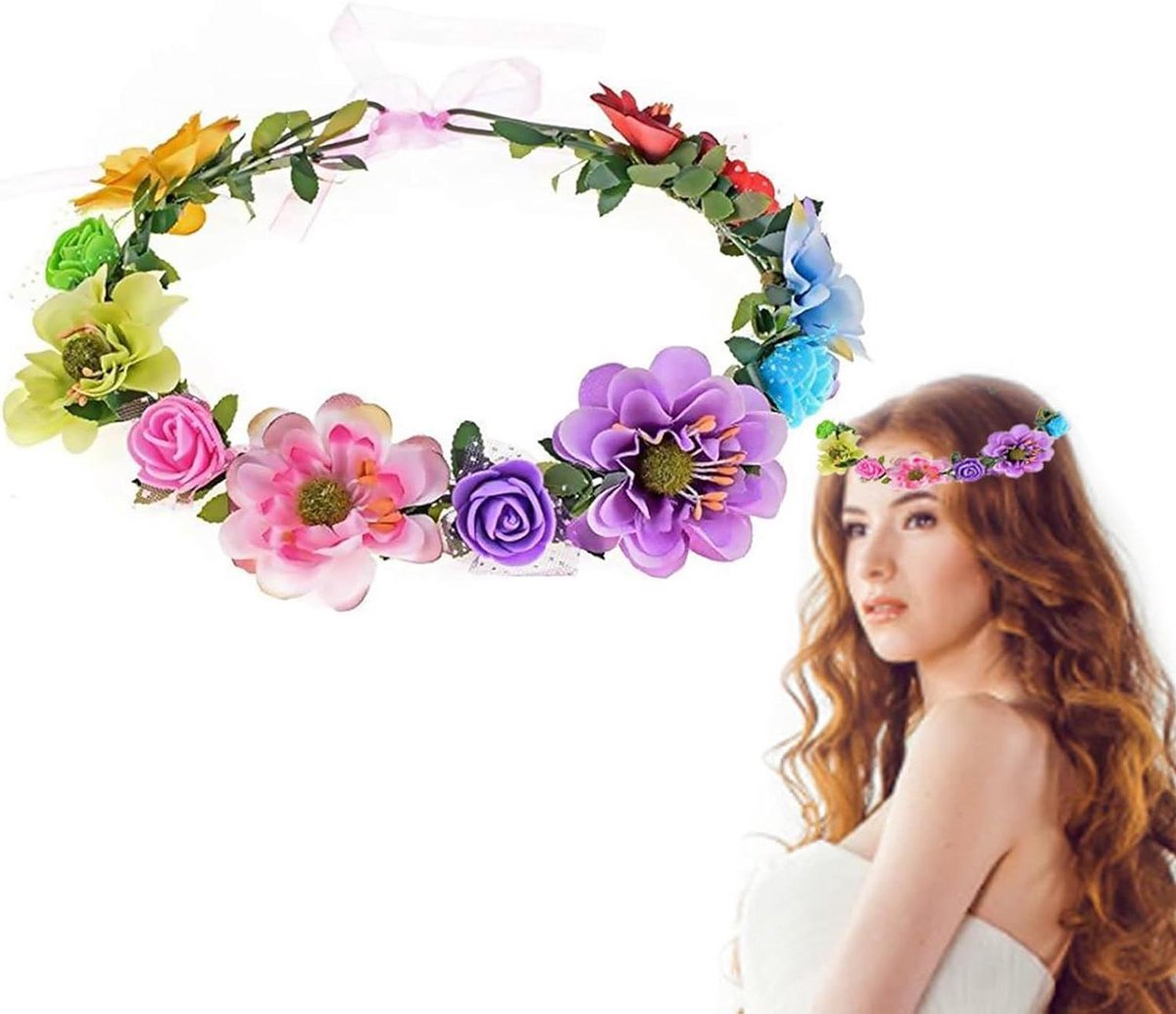 Bloemenkrans Hoofdband - Bruidskrans Garland - Feest Bruiloft - Handgemaakt Realistisch - 17 cm Verstelbaar - Wit Roze