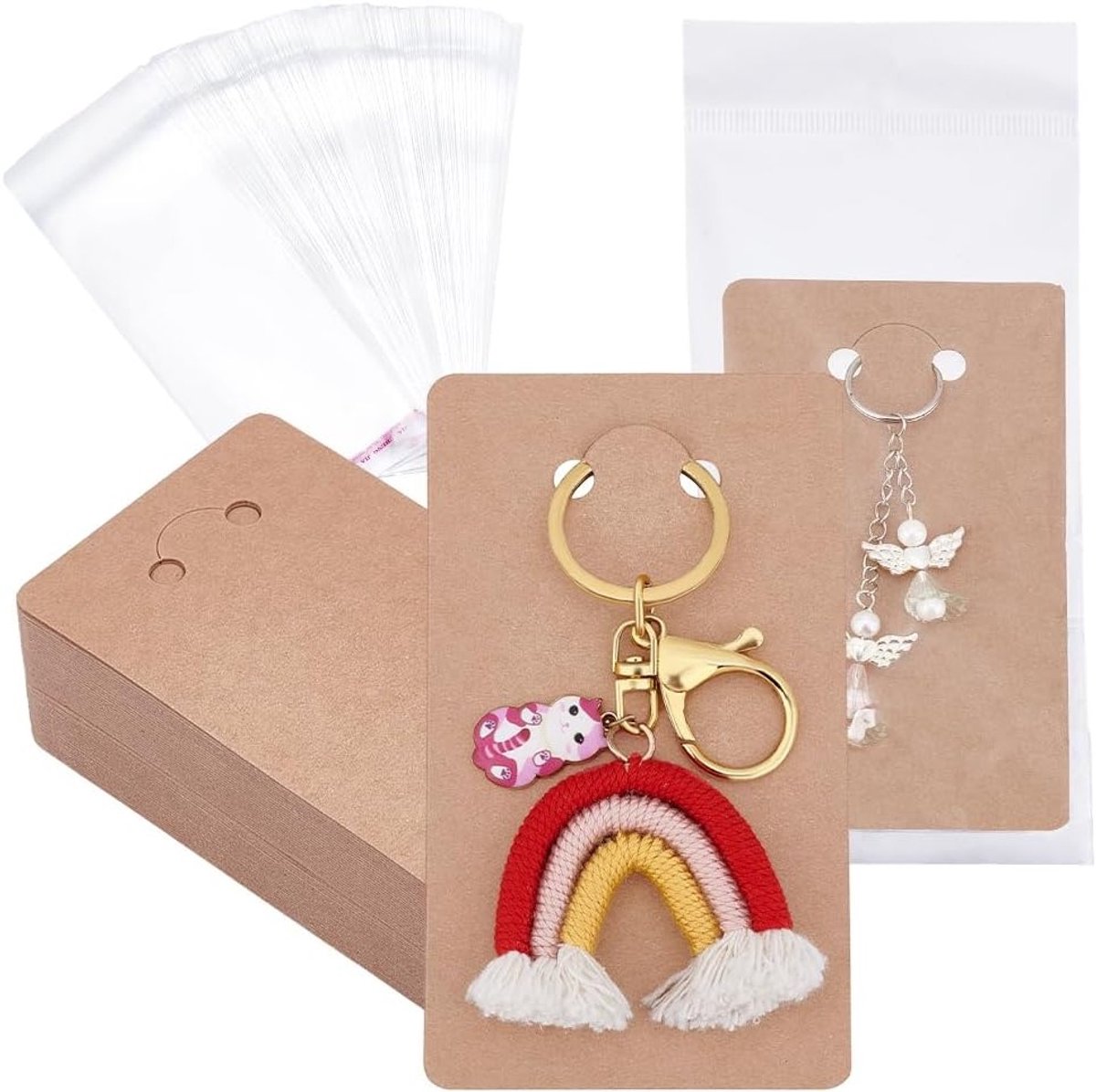 100 Stuks Sleutelhanger Displaykaarten met 100 Stuks Zelfsluitende Zakjes, Bruine Verpakkingskaarten voor Sleutelhangers, Sieraden en Accessoires