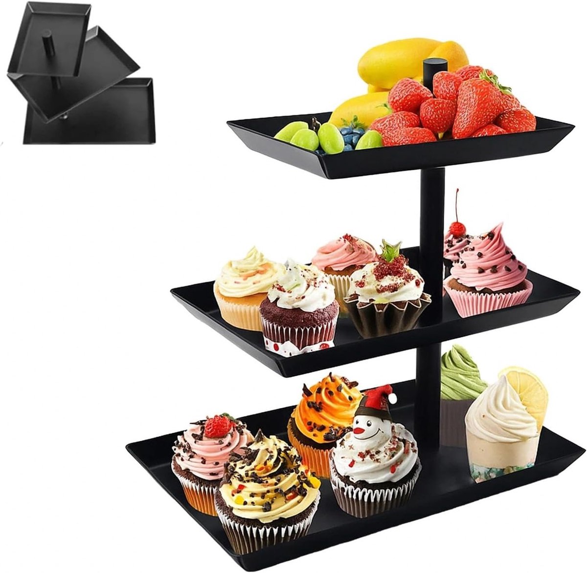 3-laags draaibare fruit- en taartstandaard met 360° rotatie, metalen serveerschaal voor snacks en desserts, ideaal voor feesten en bruiloften