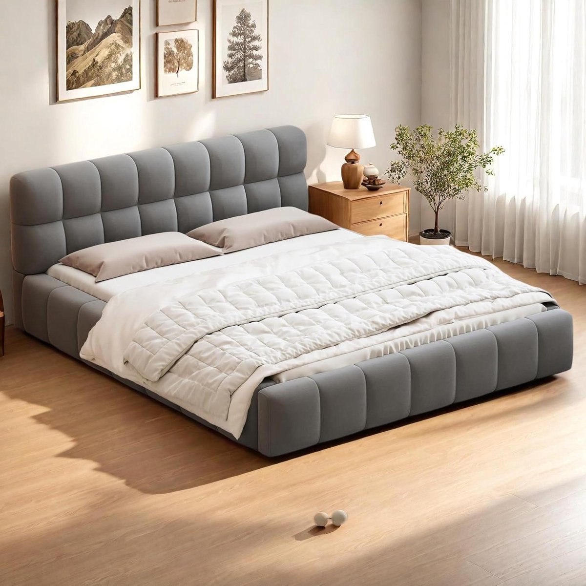 Gestoffeerd Bed - Tweepersoonsbed Linnen - Slaapkamer Inrichten - Met Hoofdeinde - 140 x 190 cm - Grijs