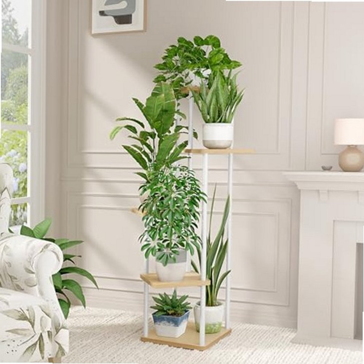 Sierra, Plantenstandaard, met 5 niveaus, voor binnen, hoog metalen plantenrek voor meerdere planten, bloemenstandaard, voor terras, tuin, balkon, woon- of slaapkamer, wit
