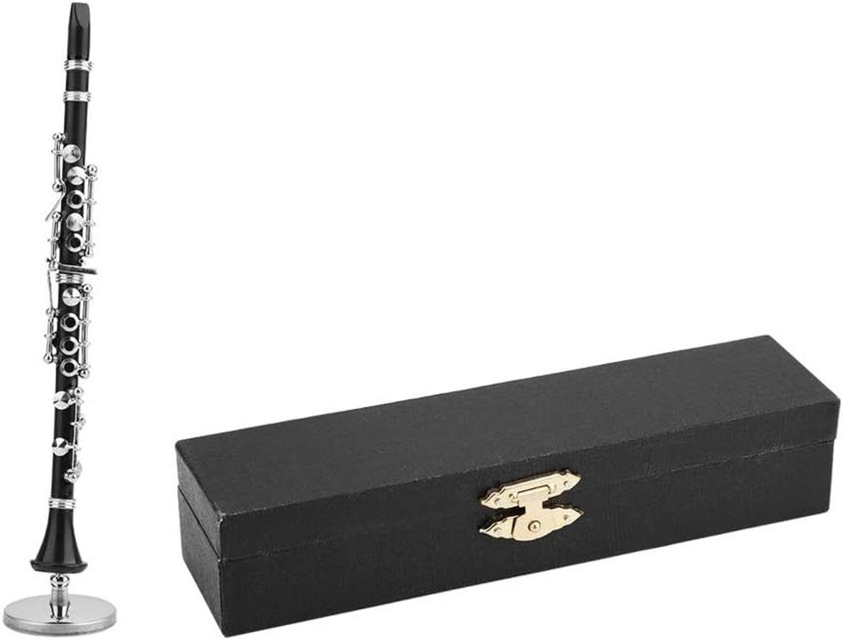 Mini klarinet model - Muziekornament - Bureau decoratie - Met houder en doos - 16 cm - Zilver
